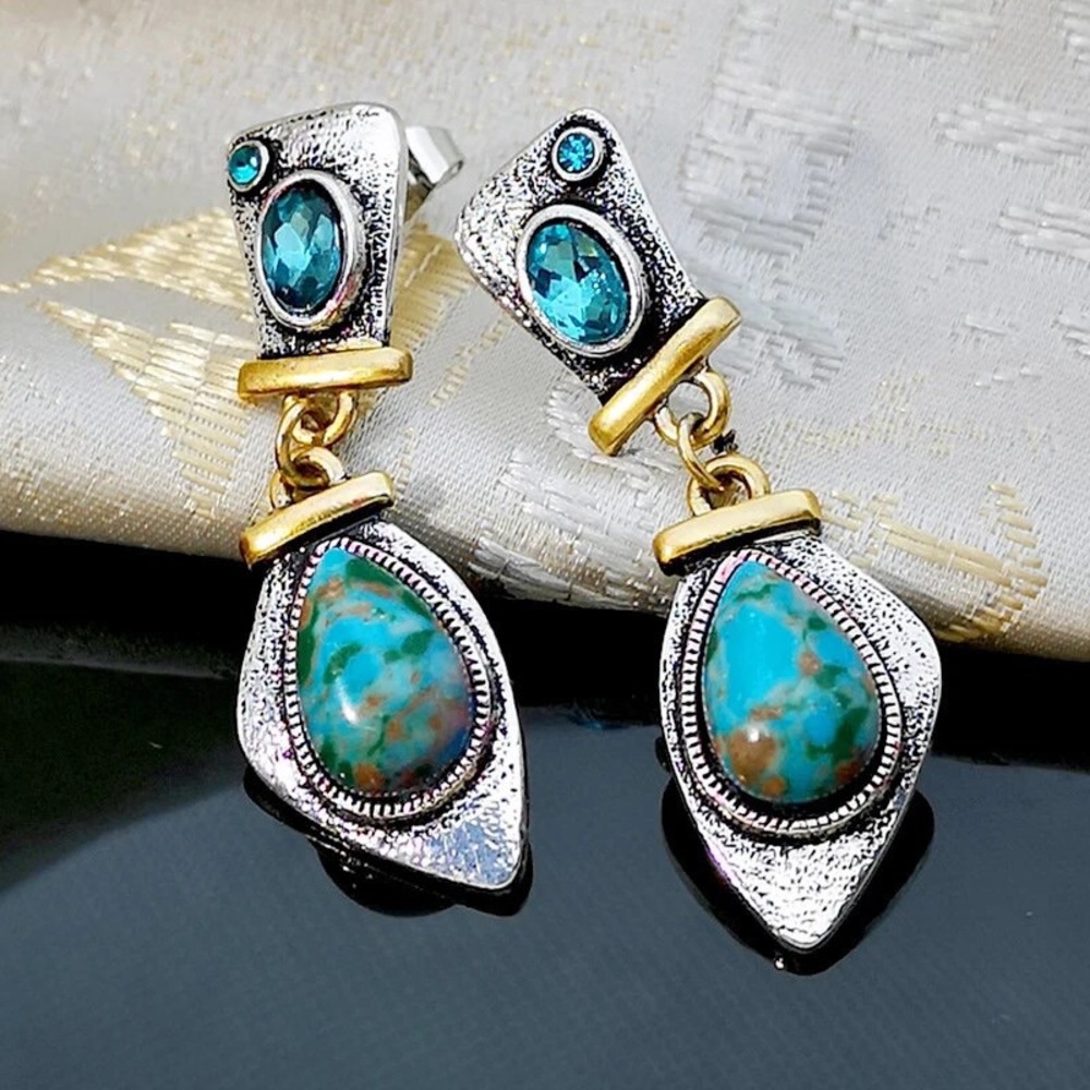 New Silver Vintage Turquoise Blue Rhinestone Dangle Earrings